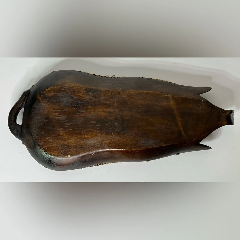 Vintage Wood and Wicker Carved‎ Pig Basket Fruit Trinket Tray 18.5" Long - Picture 9 of 10